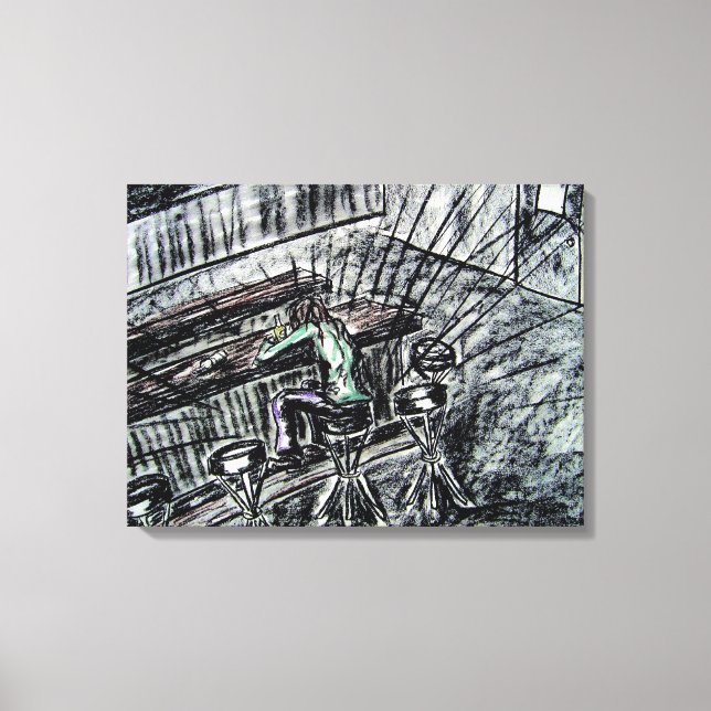 Beer and Empty Bar Stools charcoal drawing Canvas Print (Front)