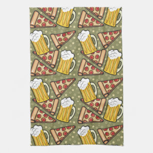 Beer and Pizza Graphic Pattern Vertical Tea Towel