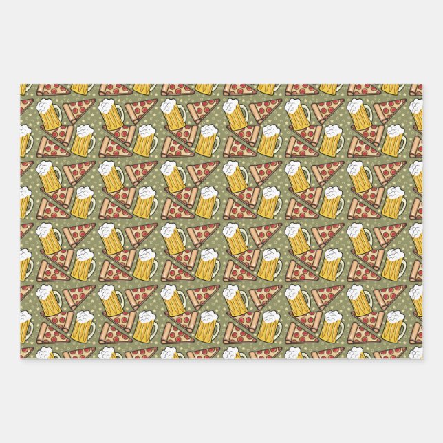 Beer and Pizza Graphic Pattern Wrapping Paper Sheet (Front)