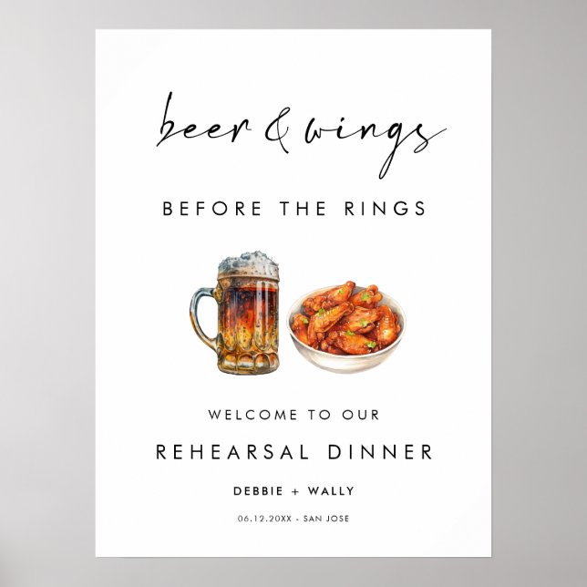 Beer and Wings Before the Rings Rehearsal Dinner Poster (Front)