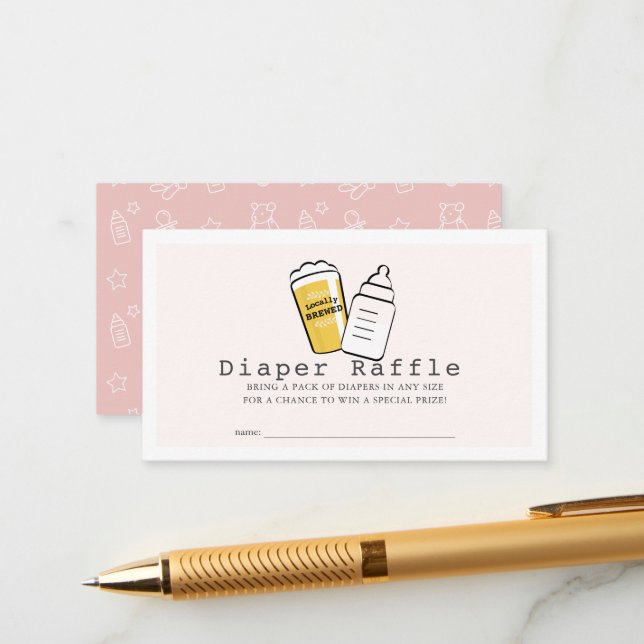 Beer & Baby Bottle Pink Baby Diaper Raffle Ticket Enclosure Card (Front/Back In Situ)