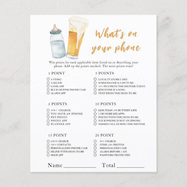 Beer baby shower - What's On Your Phone Game (Front)