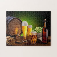 Beer barrel with beer glasses on a wooden table