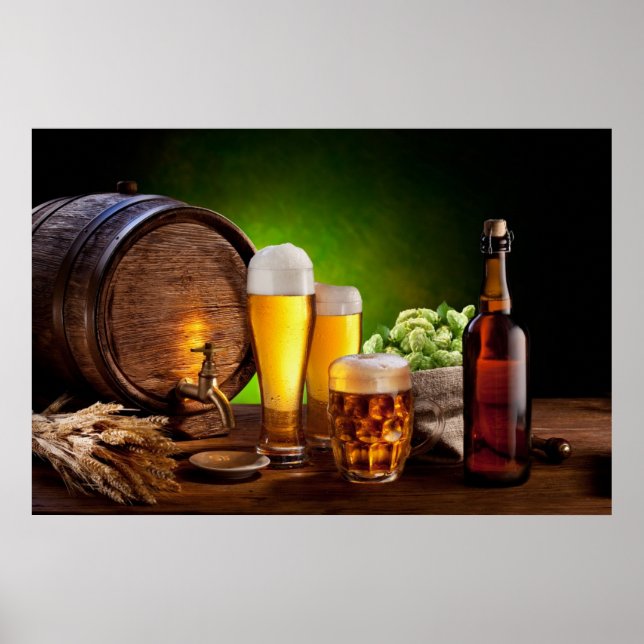 Beer barrel with beer glasses on a wooden table poster (Front)