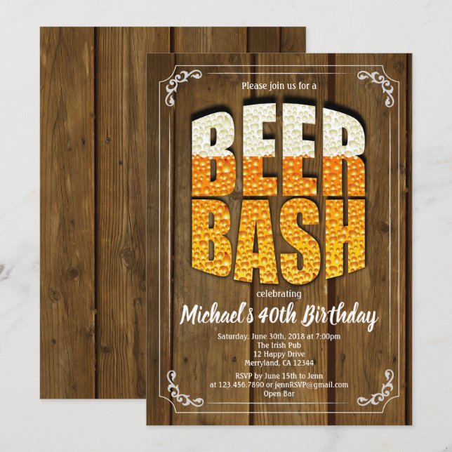 Beer bash birthday invitation rustic wood (Front/Back)