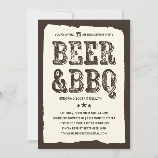 Beer & BBQ | Rustic Engagement Party Invitation (Front)