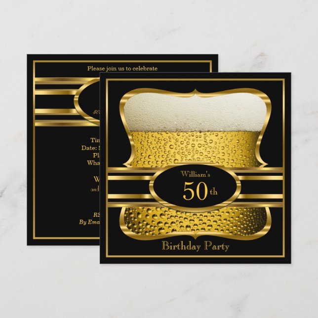 Beer Black Gold Birthday Party Invitation 2 (Front/Back)