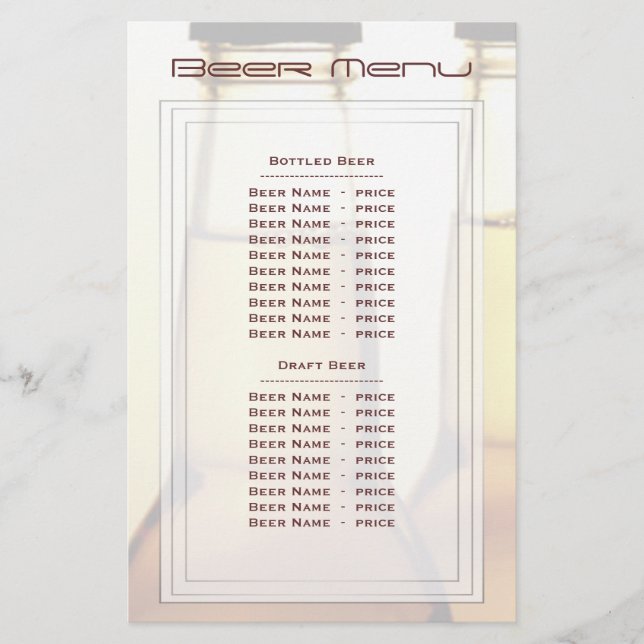 Beer Bottle Beer Menu (Front)