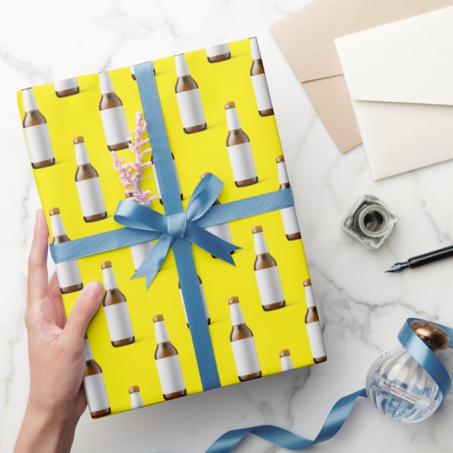Beer Bottle On Yellow Wrapping Paper (Gifting)