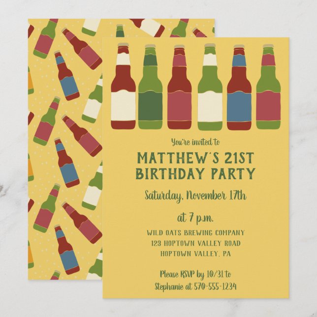 Beer Bottles Graphic Personalised Birthday Party Invitation (Front/Back)