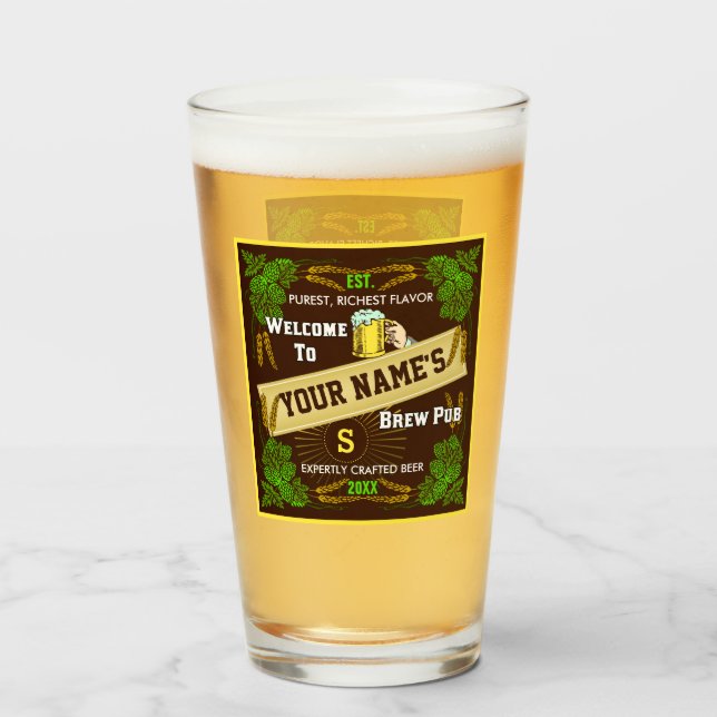 Beer Brew Pub Personalised Name | Hops Barley Bar Glass (Front Filled)