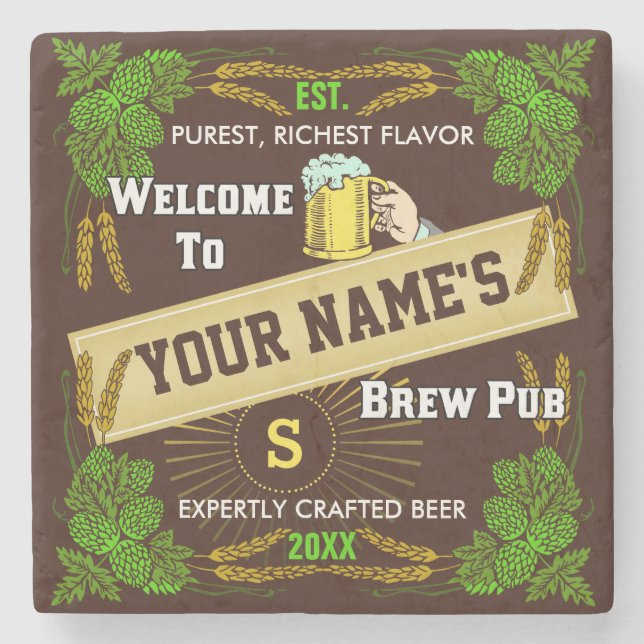 Beer Brewpub Hops / Barley Welcome: Personalised Stone Coaster (Front)