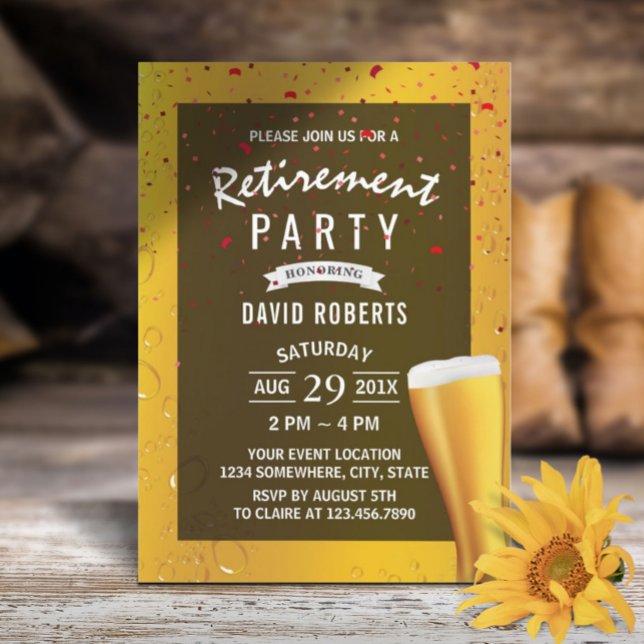 Beer Cheers Retirement Party Red Confetti Invitation (Creator Uploaded)