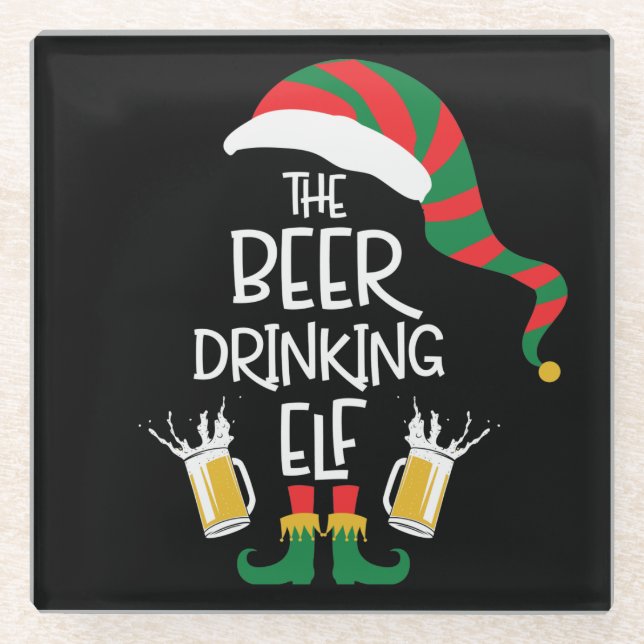Beer Christmas Elf Funny Typography Holiday Glass Coaster (Front)