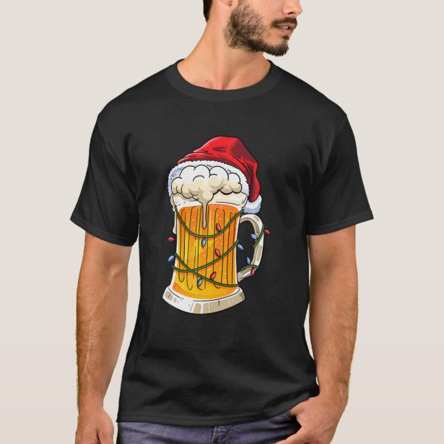 Beer Christmas Mug Santa Hat Xmas Lights Men Women T-Shirt (Front)