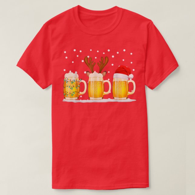 Beer Christmas Mug Santa Reinbeer Xmas Tree Lights T-Shirt (Design Front)