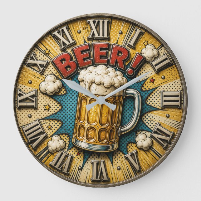 Beer Comic Pop Art Beer Mug Man Cave  Large Clock (Front)