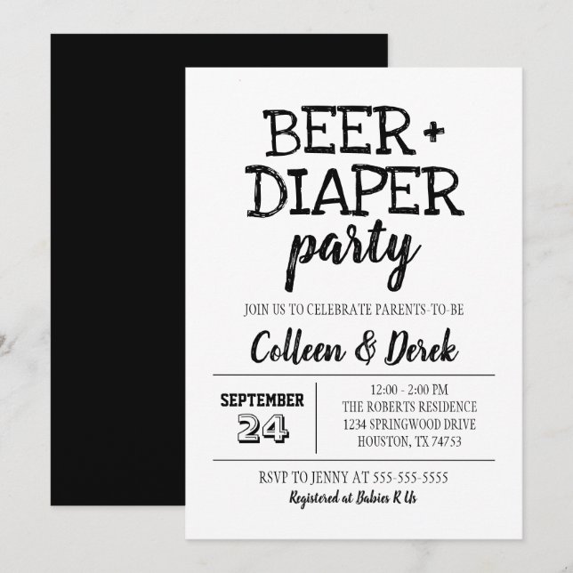 Beer & Diaper Party Invitation | Black & White (Front/Back)