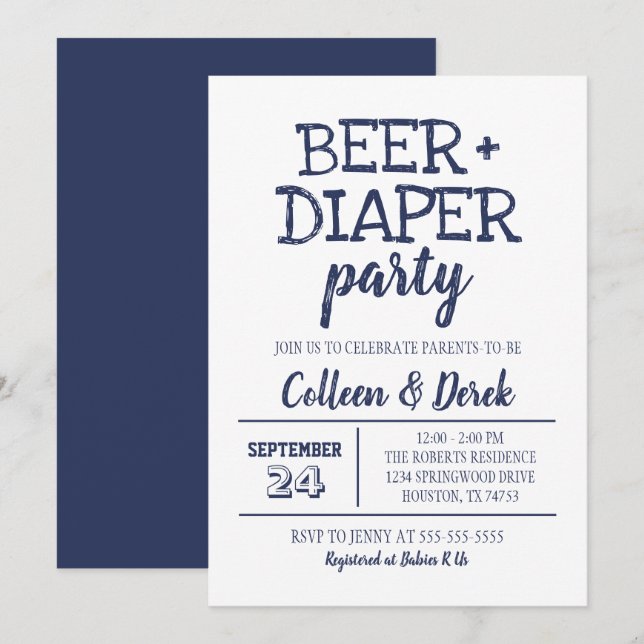 Beer & Diaper Party Invitation | Navy & White (Front/Back)