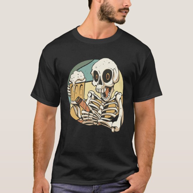 Beer drinking cigar smoking drunk skeleton T-Shirt (Front)