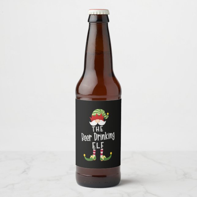 Beer Drinking Elf Group Christmas Birthday Bottle Label (Front)