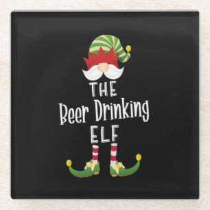 Beer Drinking Elf Group Christmas Birthday Glass Coaster