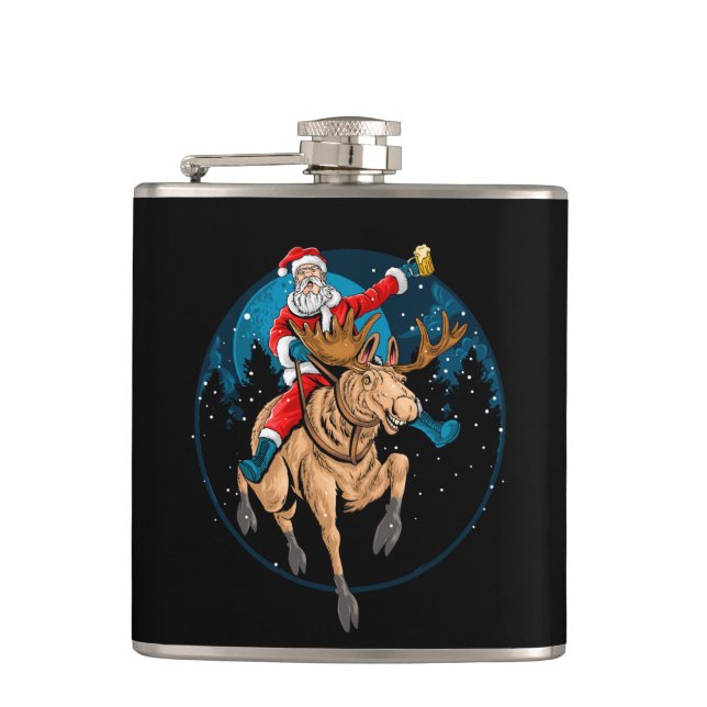 Beer Drinking, Moose Riding Santa  Hip Flask (Front)