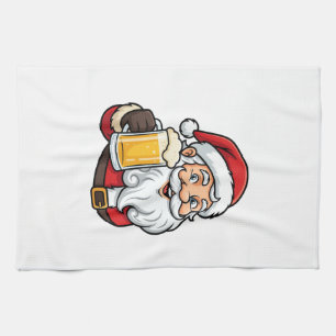 Beer Drinking Santa Claus Christmas Graphic Tea Towel