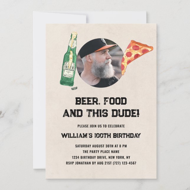 Beer Dude Photo Man Funny 100th Birthday Invitation (Front)