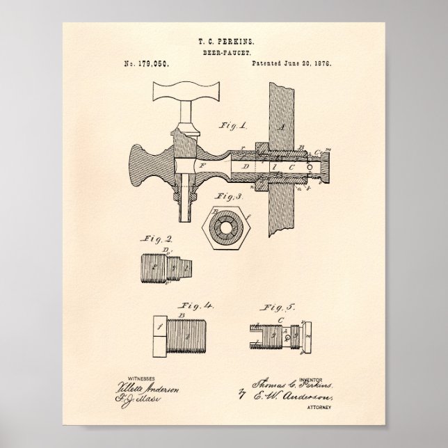 Beer Faucet 1876 Patent Art Old Peper Poster (Front)