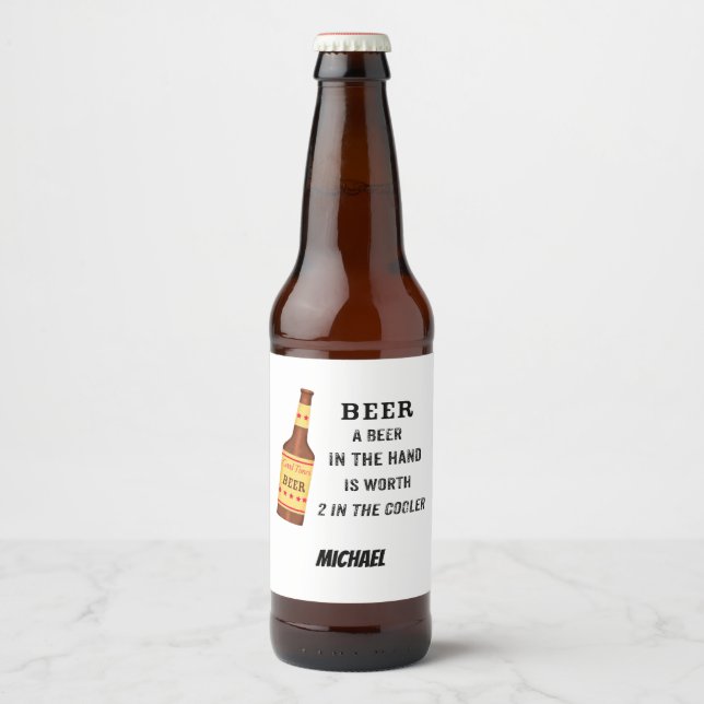 Beer Funny Saying Beer in hand Name Personalised Bottle Label (Front)