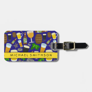 Beer Glass Bottle Hops and Barley Pattern Luggage Tag