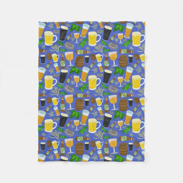 Beer Glass Bottle Hops Barley Pattern Blue Brewery Fleece Blanket (Front)