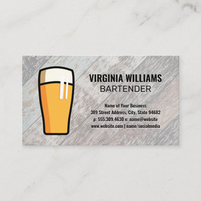 Beer Glass| Wooden Boards Background Business Card (Front)