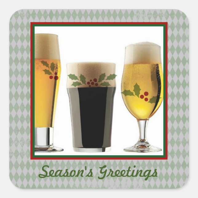 Beer Glasses & Holly Seasons Greetings Square Sticker (Front)