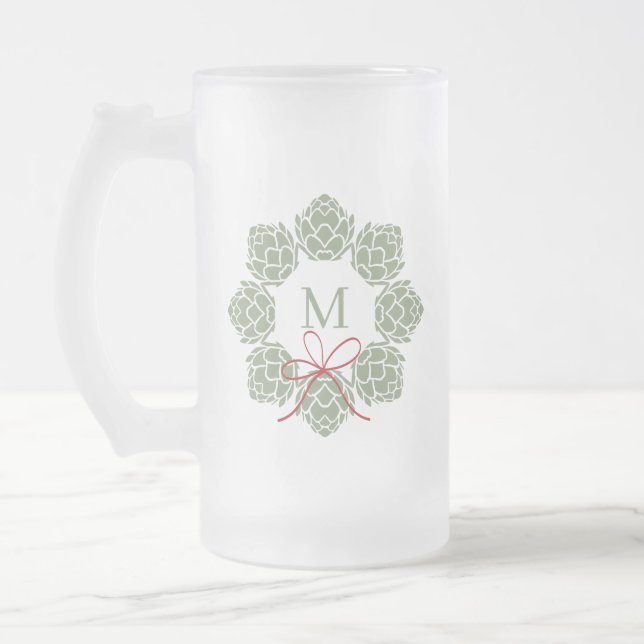 Beer Hops Christmas Monogram Frosted Glass Beer Mug (Left)