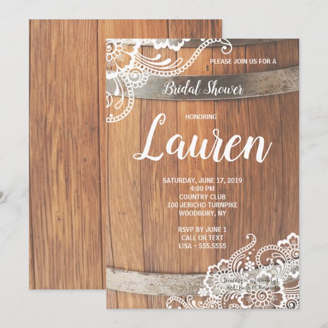 Beer Keg Lace Rustic Wood Bridal Shower Invitation (Front/Back)