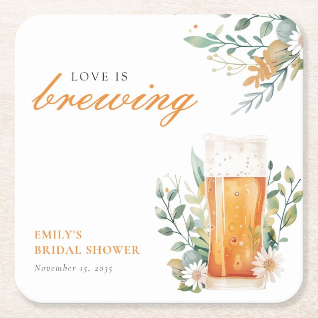 Beer Love is Brewing Bridal Shower Square Paper Coaster (Front)