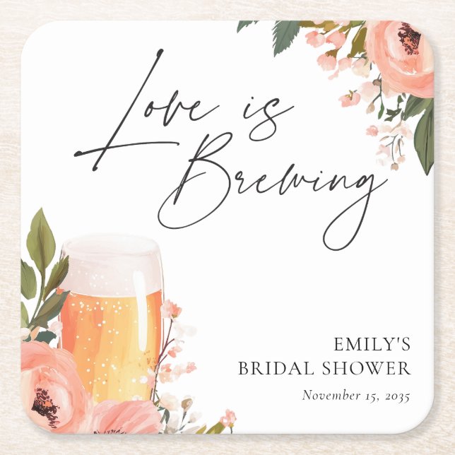 Beer Love is Brewing Bridal Shower Square Paper Coaster (Front)