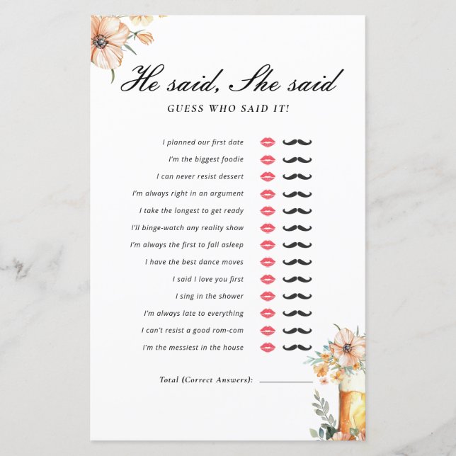 Beer Love is Brewing He Said She Said Bridal Game (Front)