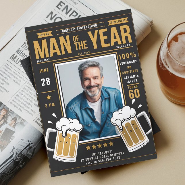 Beer Magazine Funny Men Adult Birthday Photo Invit Invitation (men birthday party invitation beer themed magazine photo template fun funny black yellow gold hue)