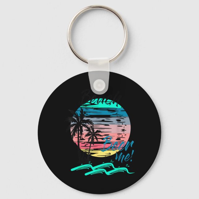 Beer Me Funny Drinking Beach Retro Sunset Palm Key Ring (Front)