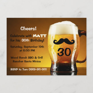 Beer Moustache Fun Birthday Party Invitation