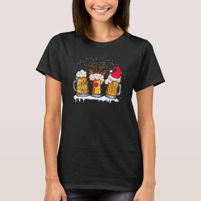 Beer Mug Christmas Tree Lights Reindeer Xmas Santa T-Shirt (Front)