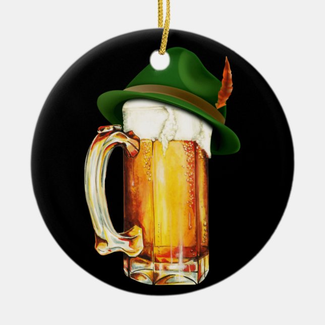 Beer Mug Wearing German Hat Oktoberfest Ceramic Tree Decoration (Front)