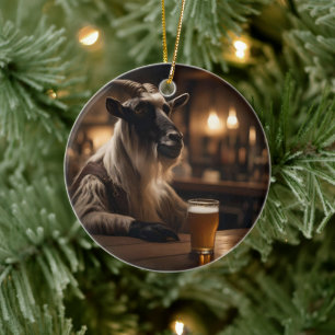 Beer Oclock Goat, Ceramic Tree Decoration