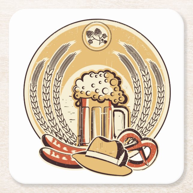 Beer Oktoberfest Label Vintage Graphic Square Paper Coaster (Front)