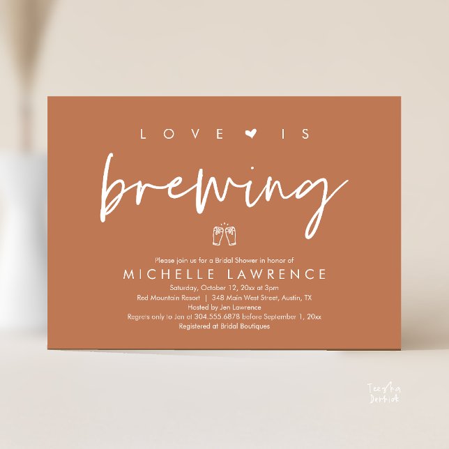 Beer Party Bridal Shower, Love is brewing Invitation (Beer Party Bridal Shower, Love is brewing Invitation card modern romance copper brown)
