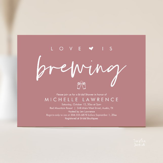 Beer Party Bridal Shower, Love is brewing Invitation (Beer Party Bridal Shower, Love is brewing Invitation card modern romance dusty rose pink)