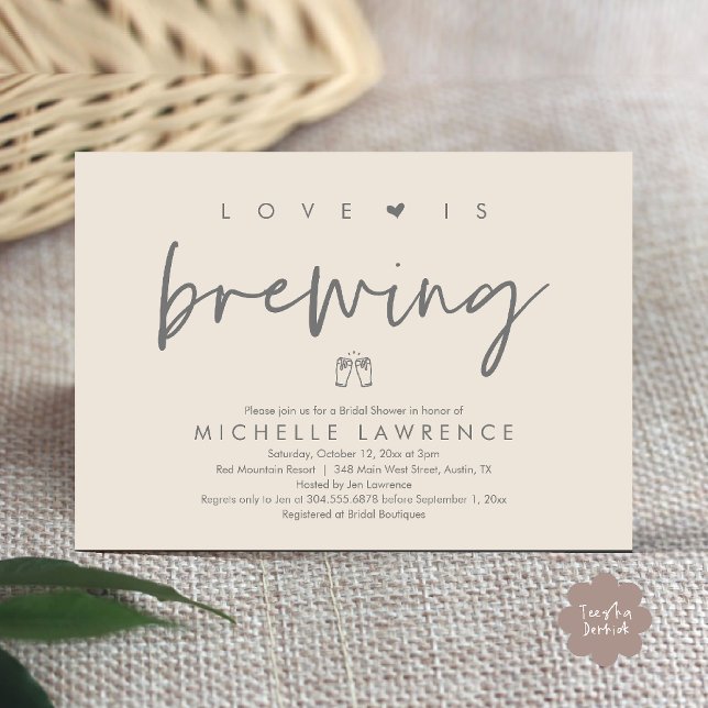 Beer Party Bridal Shower, Love is brewing Invitation (Beer Party Bridal Shower, Love is brewing Invitation card modern romance cream grey)